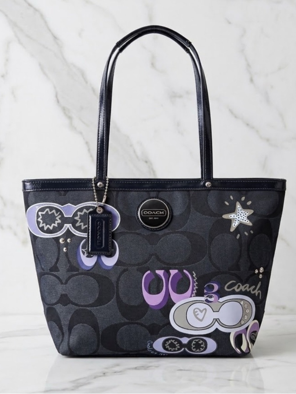 Coach Daisy Pop Optic Tote Bag F17587 Signature Appliqué Black Canvas Purse